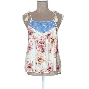 EUC Blue Rain Pink, Blue and Cream Floral Print Shoulder Ties Camisole